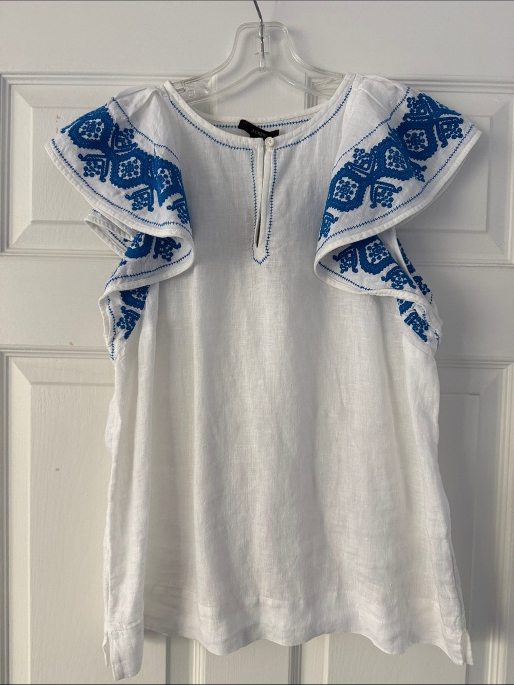 J. Crew White Linen Flutter Sleeve Top with Blue Embroidery NWT